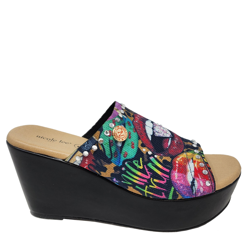 OUR NICOLE LEE CASUAL WEDGE SANDALS IN OUR ALL EMOTION DESIGN.