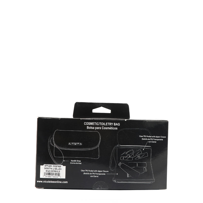 BACK PART OF THE BOX IT ILUSTRATE THE PARTS OF THE MAKE UP BAG IN SPANISH AND ENGLISH.