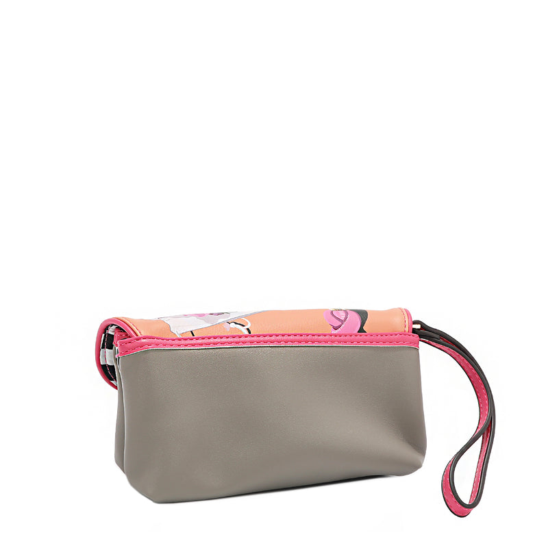 OUR JENI MAKEUP BAG IN OUR NICOLE LEE VIOLET BLOSSOM DESIGN WITH A ZIPPER PULLER WRISTLET STRAP.