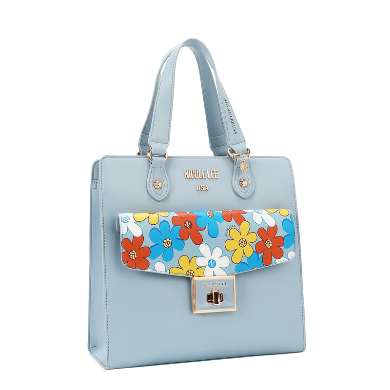 Our blue Floral Pop Tote Bag set on a  white background