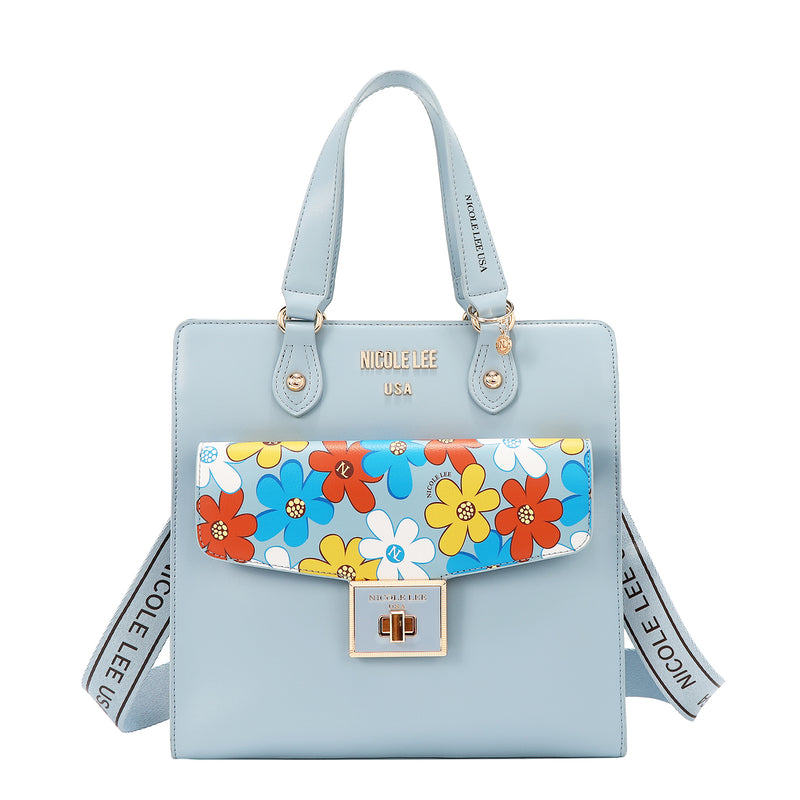 Our  Blue Floral Pop Tote Bag with strap set on a  white background 