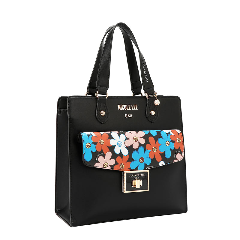 Our  Black Floral Pop Tote Bag set on a  white background