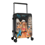 Our MARTHA TRAVELS ITALY carry-on suitcase with a colorful design of a woman in Rome, featuring the brand 'Nicole Lee USA'.
