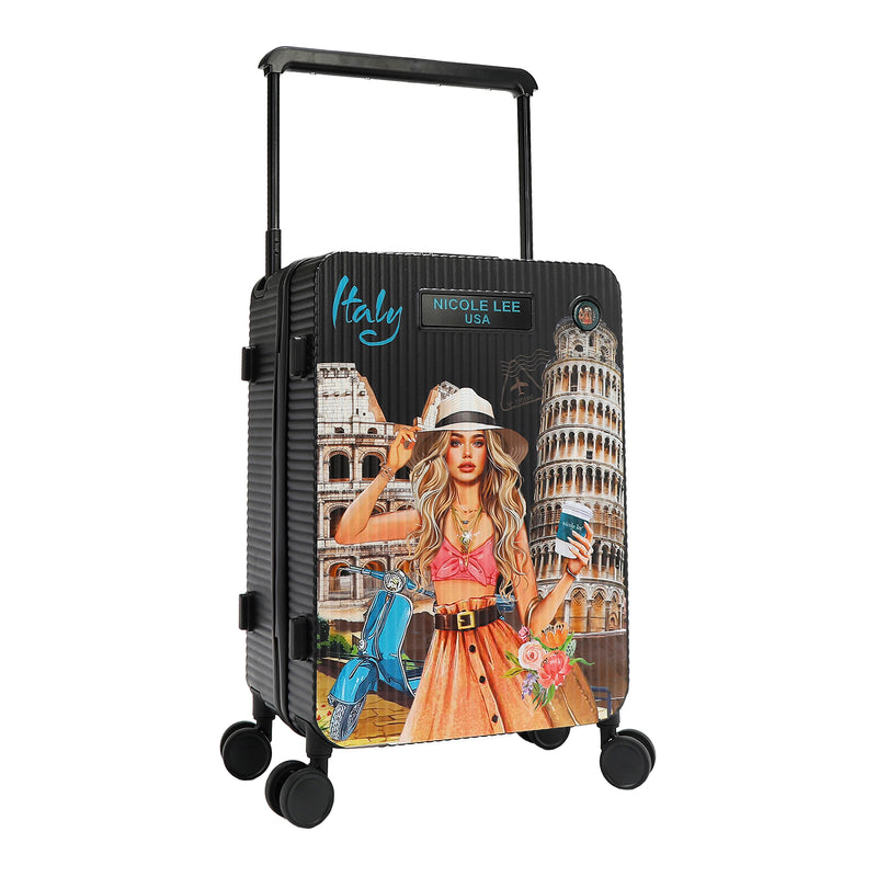 Our MARTHA TRAVELS ITALY carry-on suitcase with a colorful design of a woman in Rome, featuring the brand 'Nicole Lee USA'.