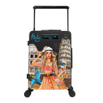 Our MARTHA TRAVELS ITALY carry-on suitcase with a colorful design of a woman in Rome, featuring the brand 'Nicole Lee USA'.