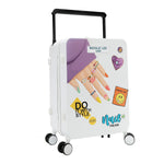 A 20 inch carry-on suitcase with a white exterior, featuring a ribbed texture and decorative stickers including a purple heart and a 'DO IT WITH STYLE' text. The suitcase has a telescopic handle, top and side carry handles in out Nail Polish design.