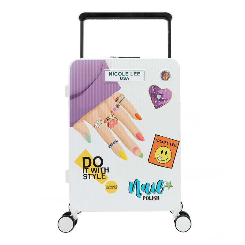 A 20 inch carry-on suitcase with a white exterior, featuring a ribbed texture and decorative stickers including a purple heart and a 'DO IT WITH STYLE' text. The suitcase has a telescopic handle, top and side carry handles in out Nail Polish design.