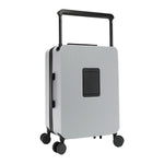 Back view of our carry on suitcase in Violet Blossom, color gray with black and black handle.