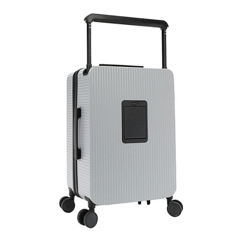 Back view of our carry on suitcase in Violet Blossom, color gray with black and black handle.