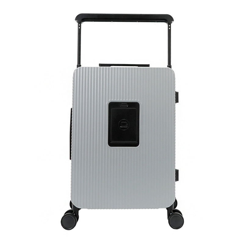 Back view of our carry on suitcase in Violet Blossom, color gray with black and black handle.