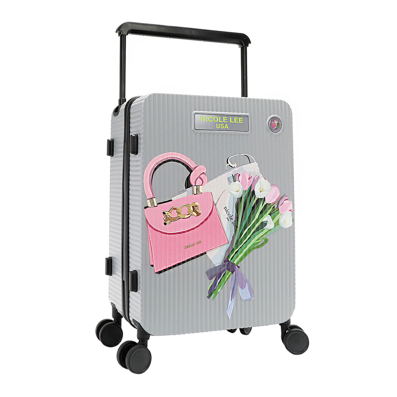 Our  carry-on suitcase in Violet Blossom design with featuring a pink handbag and a bouquet of pink and white tulips. 