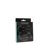 THE FRONT OF THE BOX IS BLACK, AND DESCRIBES THE PARTS OF THE MIRROR. ALSO SHOWING A LITTLE OF THE SIDE OF THE BOX COLOR BLUE MINT.