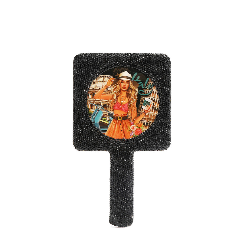OUR RECTANGLE HAND MIRROR IN OUR NICOLE LEE MARTHA TRAVELS ITALY DESIGN. COVER IN BLACK RHINESTONES 