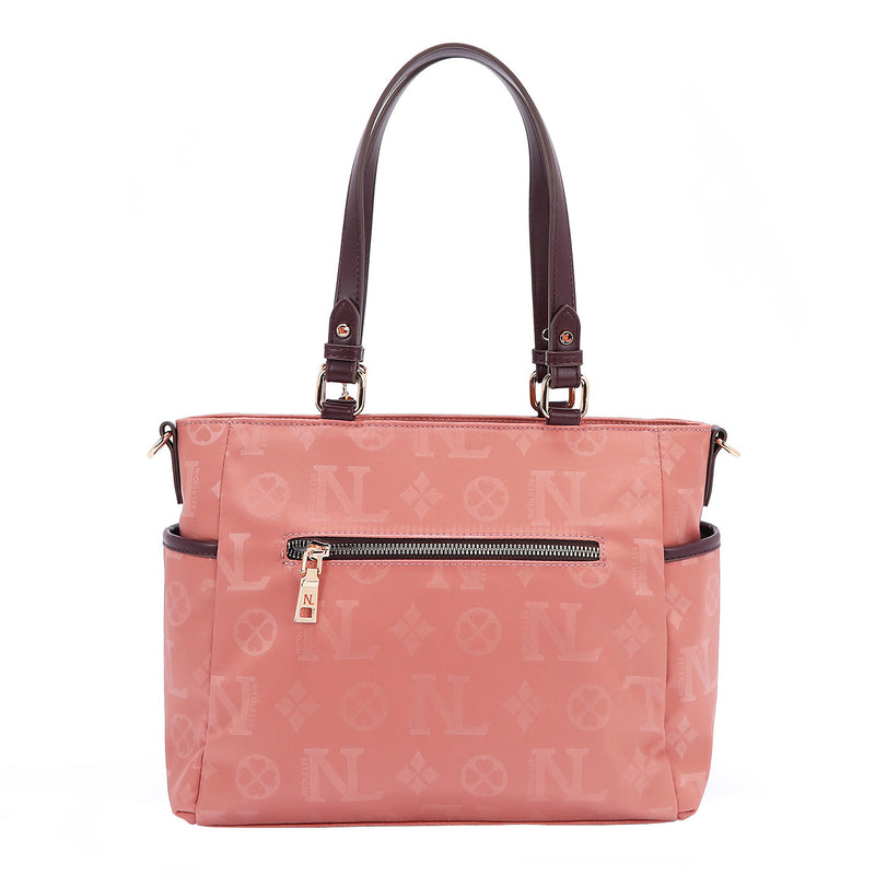THE BACK OF OUR MARGOT TOTE BAG WITH BACK ZIP POCKET.