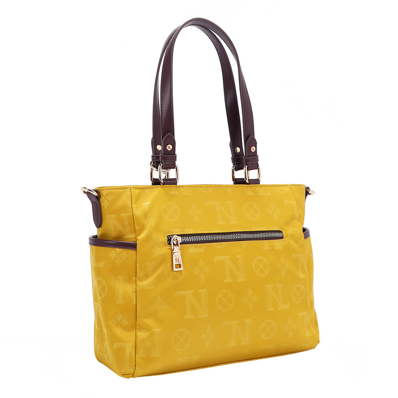 THE BACK OF OUR MARGOT TOTE BAG WITH BACK ZIP POCKET.