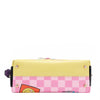 Yellow and pink checkered handbag with a white background