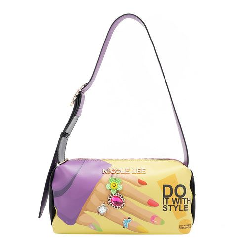 Our Nail Polish shoulder bag, featuring a purple strap, yellow base with embellishments and gold-tone hardware.