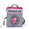 THE BACK HAS A SLIP COMPARTMENT, THE BACKGROUND IS GRAY WITH THE NICOLE LEE HOLLYWOOD SINCE 2004 LOGO. ON THE TOP IT HAS THE NAME NICOLE LEE WITH A PURPLE BACKGROUND.