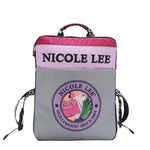 THE BACK HAS A SLIP COMPARTMENT, THE BACKGROUND IS GRAY WITH THE NICOLE LEE HOLLYWOOD SINCE 2004 LOGO. ON THE TOP IT HAS THE NAME NICOLE LEE WITH A PURPLE BACKGROUND.