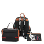Introducing the latest addition to our beloved signature 3-piece sets: the Family Yearbook 3-in-1 set! Featuring a large backpack, crossbody, and wallet, this set combines style and practicality with a playful design that’s perfect for any occasion. Vegan leather travel set with a fun and cute fashion print of dogs and cats stylishly dressed to the nines with a city scape line drawing background and flower details. 