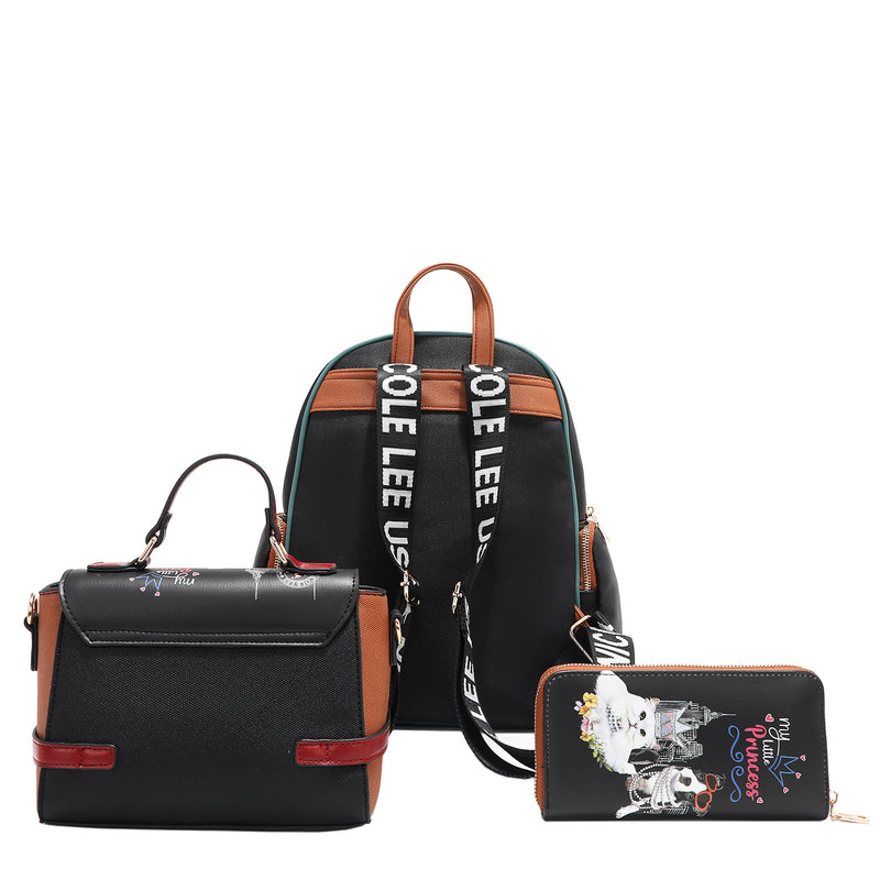 Introducing the latest addition to our beloved signature 3-piece sets: the Family Yearbook 3-in-1 set! Featuring a large backpack, crossbody, and wallet, this set combines style and practicality with a playful design that’s perfect for any occasion. Vegan leather travel set with a fun and cute fashion print of dogs and cats stylishly dressed to the nines with a city scape line drawing background and flower details. 