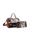 Nicole Lee Family Yearbook front angle of crossbody with optional strap attached alongside matching Family Yearbook printed zip wallet part of the Family Yearbook 3-in-1 set! A playful design that’s perfect for any occasion with a fun mix of dogs and cats stylishly dressed in flowers and pearls with a city scape line drawing background. The wallet fits inside the crossbody and both pieces can be nested inside the larger backpack. 