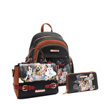 Introducing the latest addition to our beloved signature 3-piece sets: the Family Yearbook 3-in-1 set! Featuring a large backpack, crossbody, and wallet, this set combines style and practicality with a playful design that’s perfect for any occasion. Front angle of vegan leather travel set with a fun and cute fashion print of dogs and cats stylishly dressed to the nines with a city scape line drawing background and flower details. 