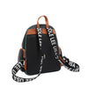 Back angle of Nicole Lee Family Yearbook zip backpack part of the Family Yearbook 3-in-1 set (backpack, crossbody, wallet)! Back in vegan leather and black with brown accents paired with logo webbed dual adjustable shoulder straps and a top handle for varied carrying options. Perfect for travel and everyday! 