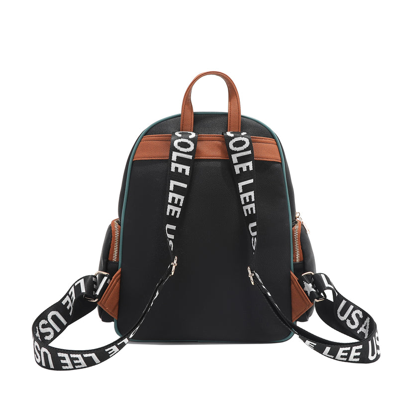Back of Nicole Lee Family Yearbook zip backpack part of the Family Yearbook 3-in-1 set (backpack, crossbody, wallet)! Back in vegan leather and black with brown accents paired with logo webbed dual adjustable shoulder straps and a top handle for varied carrying options. Perfect for travel and everyday! 