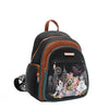 Front angle of Nicole Lee Family Yearbook zip backpack part of the Family Yearbook 3-in-1 set (backpack, crossbody, wallet)! Vegan leather with a fun and cute fashion print of dogs and cats stylishly dressed to the nines with a city scape line drawing background and flower details. Top handle, main zip closure, front zip compartment, and side zip pockets for small essentials. 