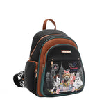 Front angle of Nicole Lee Family Yearbook zip backpack part of the Family Yearbook 3-in-1 set (backpack, crossbody, wallet)! Vegan leather with a fun and cute fashion print of dogs and cats stylishly dressed to the nines with a city scape line drawing background and flower details. Top handle, main zip closure, front zip compartment, and side zip pockets for small essentials. 