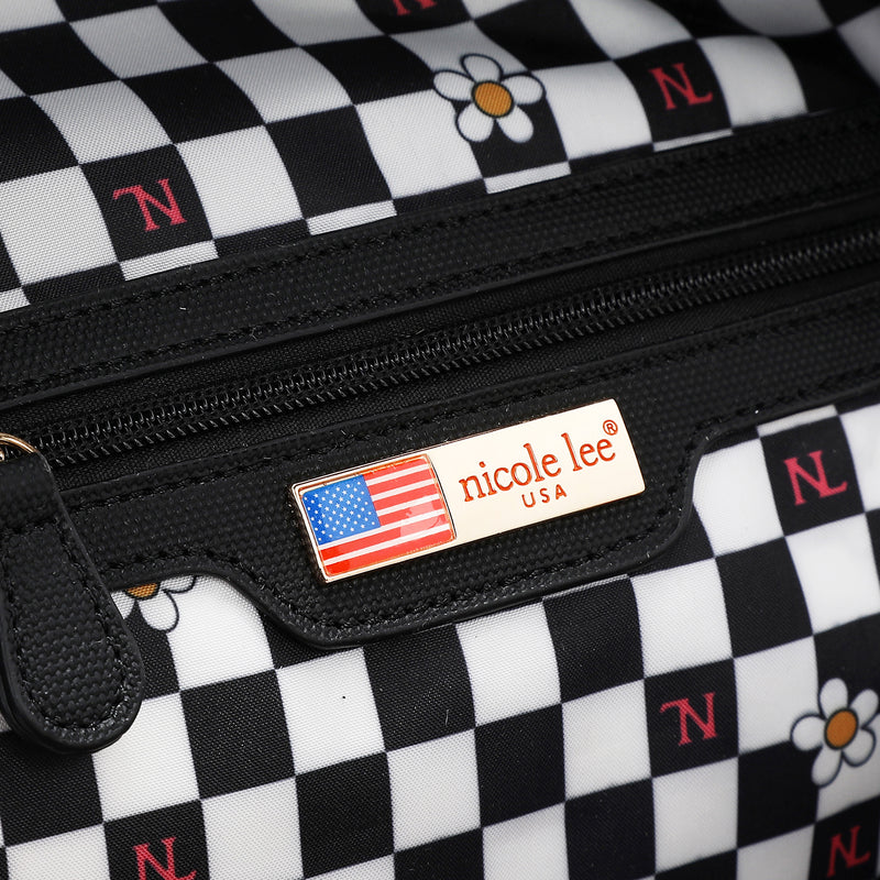 Spacious interior of Nicole Lee Family Yearbook zip backpack part of the Family Yearbook 3-in-1 set (backpack, crossbody, wallet)! Vegan leather with polyester interior and interior zip pocket with key strap to attach keys. Exclusively printed interior features a black and white checker print with flowers and NL monogram. 