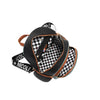 Spacious interior of Nicole Lee Family Yearbook zip backpack part of the Family Yearbook 3-in-1 set (backpack, crossbody, wallet)!Vegan leather with polyester interior and spacious front zip compartment, main compartment, and interior zip pocket with key strap to attach keys. Exclusively printed interior features a black and white checker print with flowers and NL monogram. 