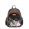 Nicole Lee Family Yearbook zip backpack part of the Family Yearbook 3-in-1 set (backpack, crossbody, wallet)! Vegan leather with a fun and cute fashion print of dogs and cats stylishly dressed to the nines with a city scape line drawing background and flower details. Top handle, main zip closure, front zip compartment, and side zip pockets for small essentials. 