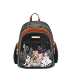 Nicole Lee Family Yearbook zip backpack part of the Family Yearbook 3-in-1 set (backpack, crossbody, wallet)! Vegan leather with a fun and cute fashion print of dogs and cats stylishly dressed to the nines with a city scape line drawing background and flower details. Top handle, main zip closure, front zip compartment, and side zip pockets for small essentials. 
