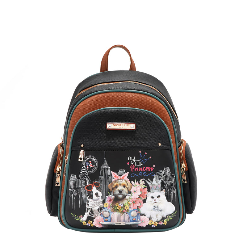 Nicole Lee Family Yearbook zip backpack part of the Family Yearbook 3-in-1 set (backpack, crossbody, wallet)! Vegan leather with a fun and cute fashion print of dogs and cats stylishly dressed to the nines with a city scape line drawing background and flower details. Top handle, main zip closure, front zip compartment, and side zip pockets for small essentials. 