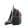 Side of Nicole Lee Family Yearbook zip backpack part of the Family Yearbook 3-in-1 set (backpack, crossbody, wallet)! Vegan leather with a fun and cute fashion print of dogs and cats stylishly dressed to the nines with a city scape line drawing background and flower details. Main zip closure, front zip compartment, and side zip pockets for small essentials. Logo webbed, adjustable dual shoulder straps and top handle for varied carrying options. 