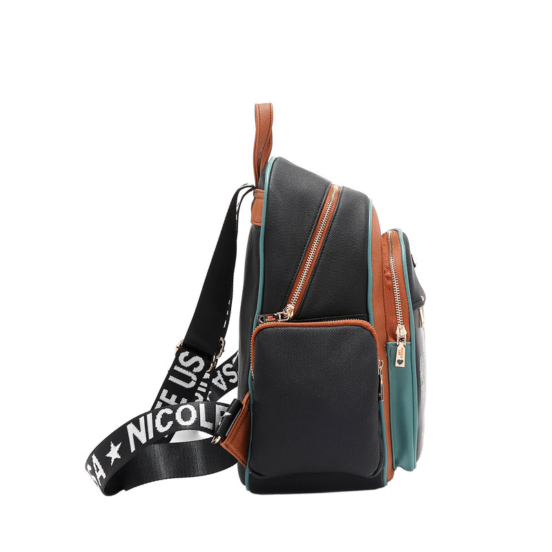 Side of Nicole Lee Family Yearbook zip backpack part of the Family Yearbook 3-in-1 set (backpack, crossbody, wallet)! Vegan leather with a fun and cute fashion print of dogs and cats stylishly dressed to the nines with a city scape line drawing background and flower details. Main zip closure, front zip compartment, and side zip pockets for small essentials. Logo webbed, adjustable dual shoulder straps and top handle for varied carrying options. 