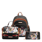 Introducing the latest addition to our beloved signature 3-piece sets: the Family Yearbook 3-in-1 set! Featuring a large backpack, crossbody, and wallet, this set combines style and practicality with a playful design that’s perfect for any occasion. Vegan leather travel set with a fun and cute fashion print of dogs and cats stylishly dressed to the nines with a city scape line drawing background and flower details. 