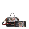 Nicole Lee Family Yearbook crossbody with optional strap attached alongside matching Family Yearbook printed zip wallet part of the Family Yearbook 3-in-1 set! A playful design that’s perfect for any occasion with a fun mix of dogs and cats stylishly dressed in flowers and pearls with a city scape line drawing background. The wallet fits inside the crossbody and both pieces can be nested inside the larger backpack. 
