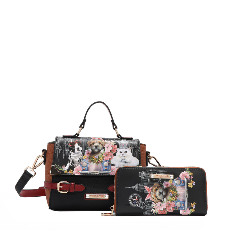 Nicole Lee Family Yearbook crossbody with optional strap attached alongside matching Family Yearbook printed zip wallet part of the Family Yearbook 3-in-1 set! A playful design that’s perfect for any occasion with a fun mix of dogs and cats stylishly dressed in flowers and pearls with a city scape line drawing background. The wallet fits inside the crossbody and both pieces can be nested inside the larger backpack. 