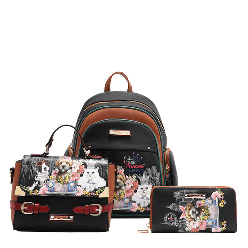 Introducing the latest addition to our beloved signature 3-piece sets: the Family Yearbook 3-in-1 set! Featuring a large backpack, crossbody, and wallet, this set combines style and practicality with a playful design that’s perfect for any occasion. Vegan leather travel set with a fun and cute fashion print of dogs and cats stylishly dressed to the nines with a city scape line drawing background and flower details. 