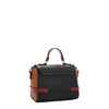 Back angle of the Nicole Lee Family Yearbook crossbody with top handle part of the Family Yearbook 3-in-1 set! A solid black background with brown accents and red buckle details. Side D-rings for optional crossbody strap attachment. 
