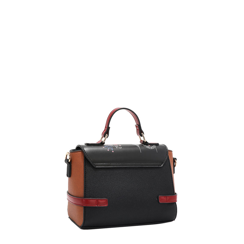 Back angle of the Nicole Lee Family Yearbook crossbody with top handle part of the Family Yearbook 3-in-1 set! A solid black background with brown accents and red buckle details. Side D-rings for optional crossbody strap attachment. 
