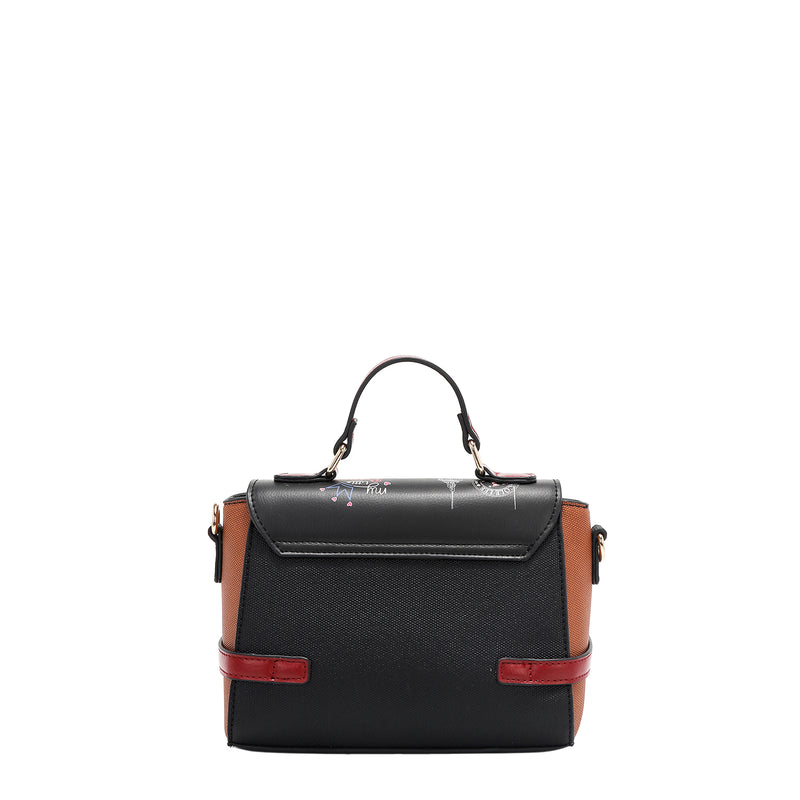 Back of the Nicole Lee Family Yearbook crossbody with top handle part of the Family Yearbook 3-in-1 set! A solid black background with brown accents and red buckle details. Side D-rings for optional crossbody strap attachment. 