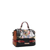 Front angle of the Nicole Lee Family Yearbook crossbody with top handle part of the Family Yearbook 3-in-1 set! A playful design that’s perfect for any occasion with a fun mix of dogs and cats stylishly dressed in flowers and pearls with a city scape line drawing background. Buckle strap details and side D-rings for optional crossbody strap attachment. 