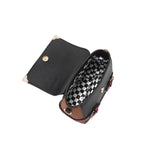 Flap with button closure opens to reveal the spacious interior of the Nicole Lee Family Yearbook crossbody part of the Family Yearbook 3-in-1 set! Black and white checker print interior lining with flowers and NL monograms. 