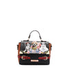 Nicole Lee Family Yearbook crossbody with top handle part of the Family Yearbook 3-in-1 set! A playful design that’s perfect for any occasion with a fun mix of dogs and cats stylishly dressed in flowers and pearls with a city scape line drawing background. Buckle strap details and side D-rings for optional crossbody strap attachment. 