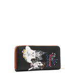 Back angle of Nicole Lee Family Yearbook printed zip wallet part of the Family Yearbook 3-in-1 set! A playful design that’s perfect for any occasion with a fun mix of dogs and cats stylishly dressed in flowers and pearls with a city scape line drawing background. 