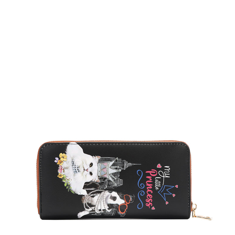 Back of the Nicole Lee Family Yearbook printed zip wallet part of the Family Yearbook 3-in-1 set! A playful design that’s perfect for any occasion with a fun mix of dogs and cats stylishly dressed in flowers and pearls with a city scape line drawing background. 